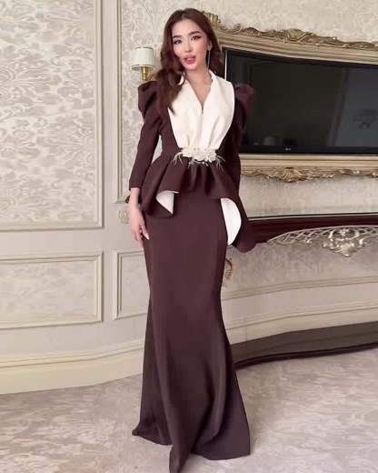 Elegant Two-Piece Set: V-Neck Top and Hip-Hugging Skirt in Deep Brown