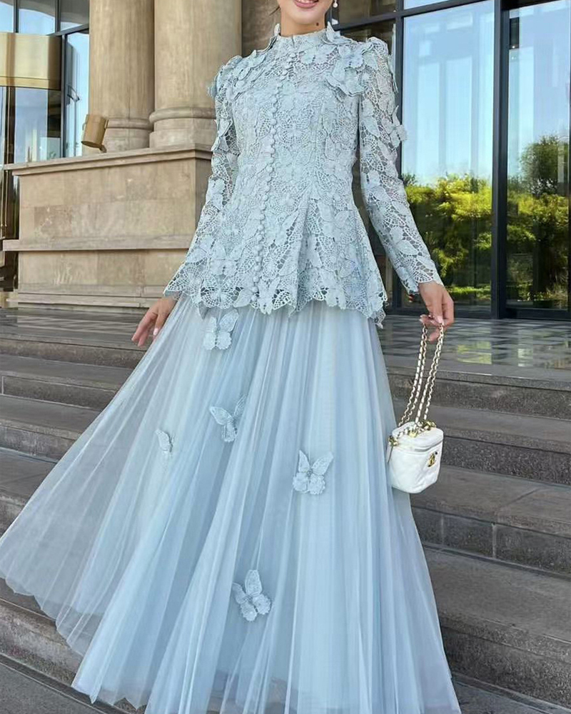 Two-Piece Set: Intricate Embroidery Top + Long Mesh Skirt