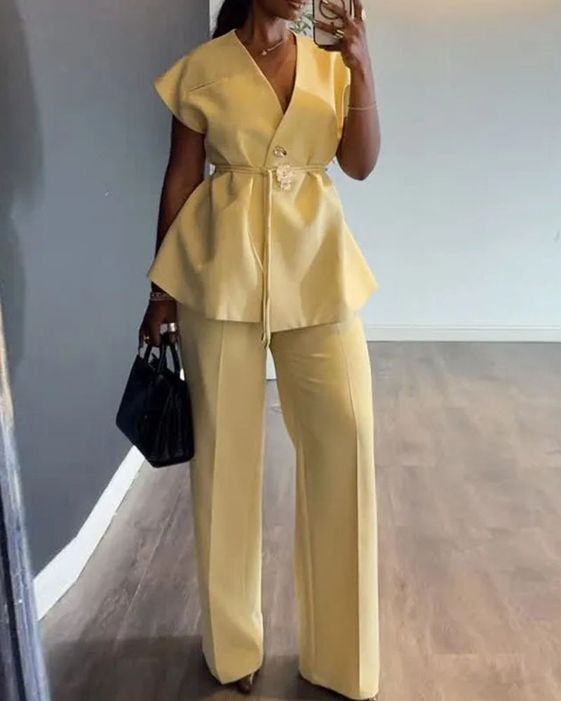 Sleeveless casual solid color two-piece set