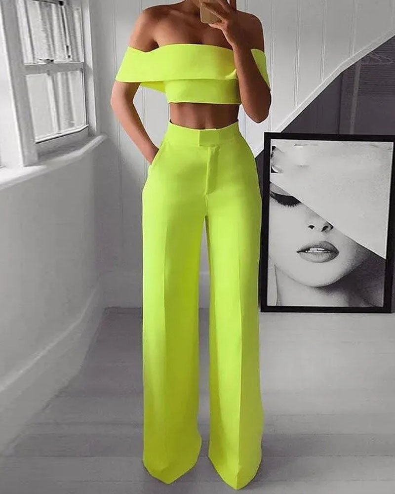 Off-shoulder casual solid color two-piece set