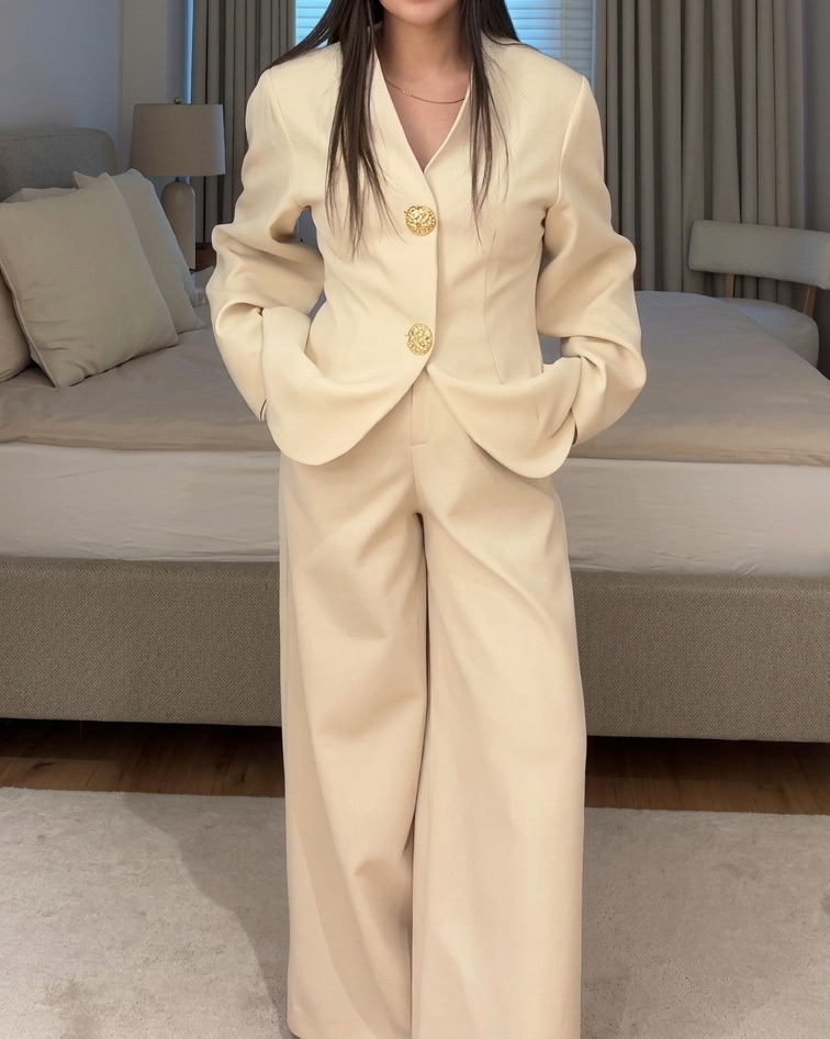 Long-Sleeved V-Neck Solid Color Two-Piece Set