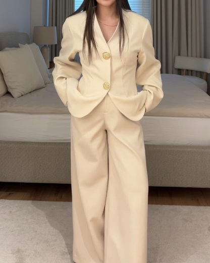 Long-Sleeved V-Neck Solid Color Two-Piece Set