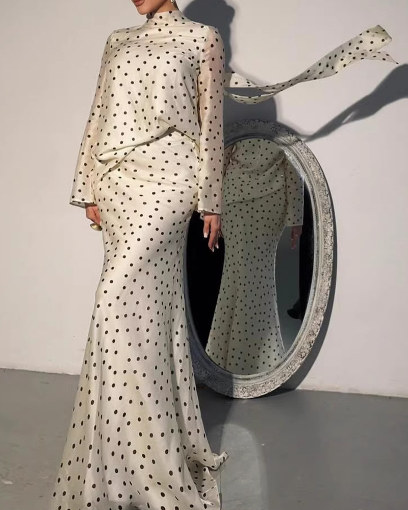 Two-Piece Set: Polka-Dot Long-Sleeve Top + Fishtail Skirt