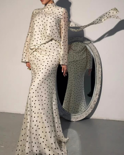 Two-Piece Set: Polka-Dot Long-Sleeve Top + Fishtail Skirt