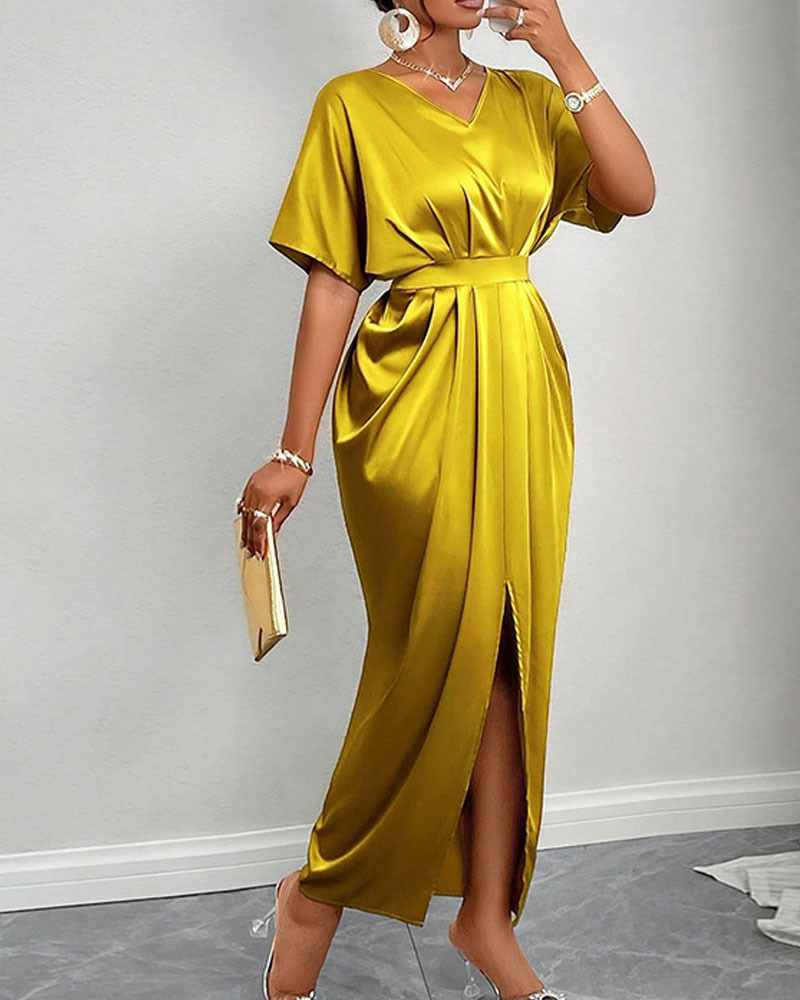 Short-Sleeve High-Waist Slit Bodycon Dress