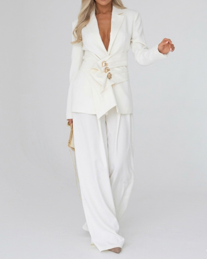 Elegant Long-Sleeved Solid Color Two-Piece Set with Lapel Collar