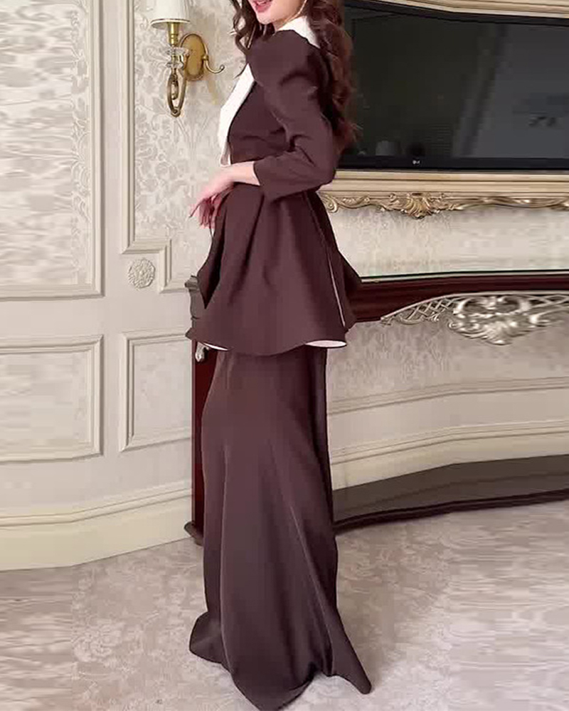 Elegant Two-Piece Set: V-Neck Top and Hip-Hugging Skirt in Deep Brown