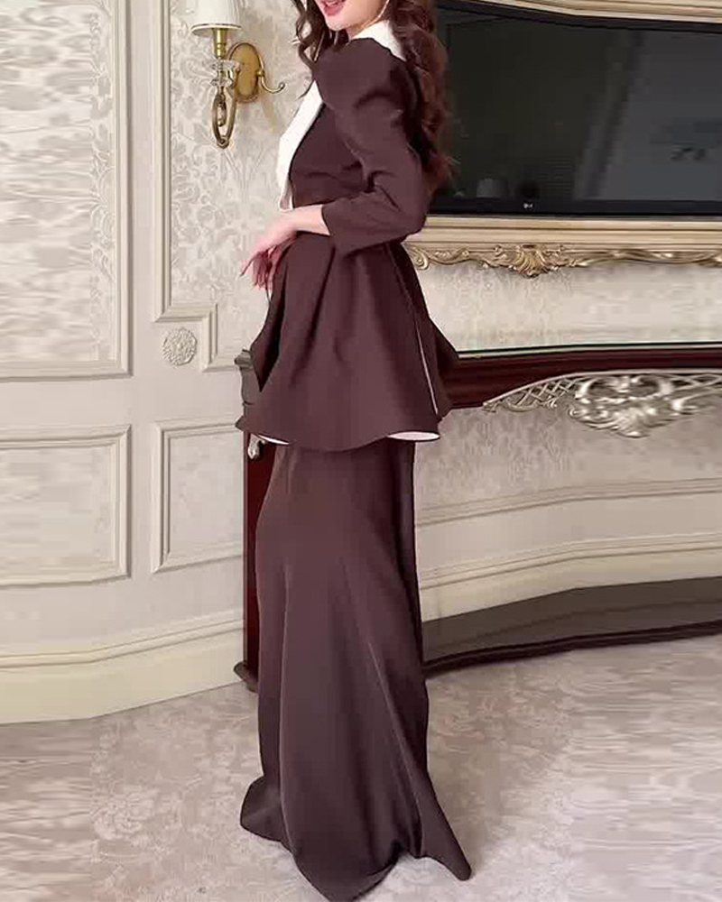 Elegant Two-Piece Set: V-Neck Top and Hip-Hugging Skirt in Deep Brown