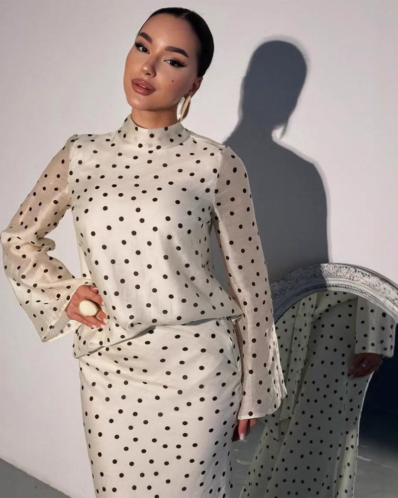 Two-Piece Set: Polka-Dot Long-Sleeve Top + Fishtail Skirt