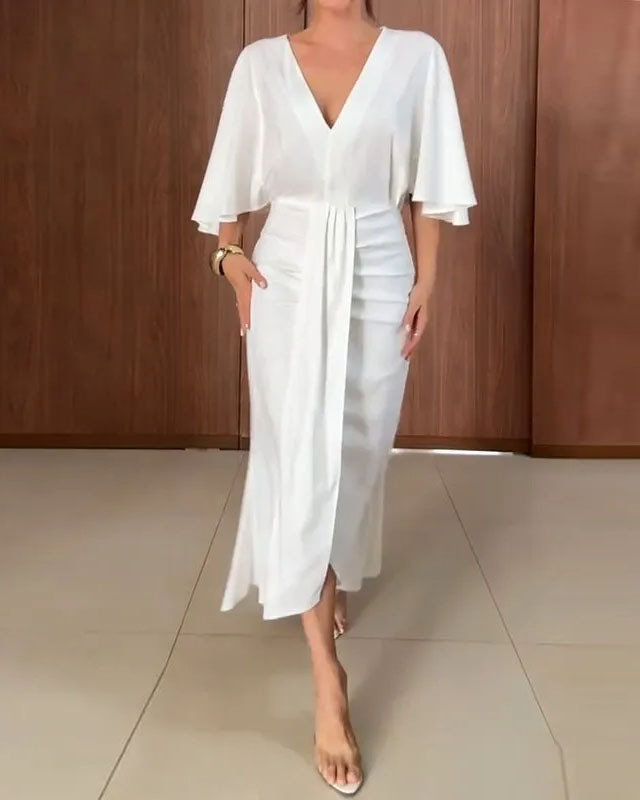 V-neck fitted waist solid color dress