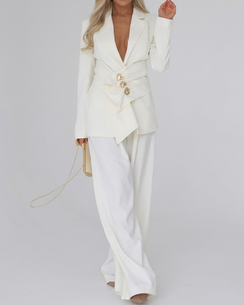 Elegant Long-Sleeved Solid Color Two-Piece Set with Lapel Collar