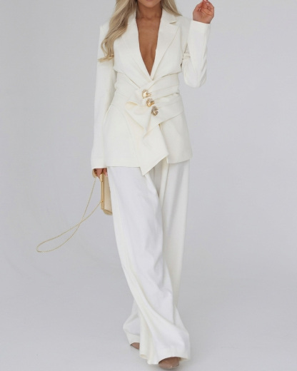 Elegant Long-Sleeved Solid Color Two-Piece Set with Lapel Collar