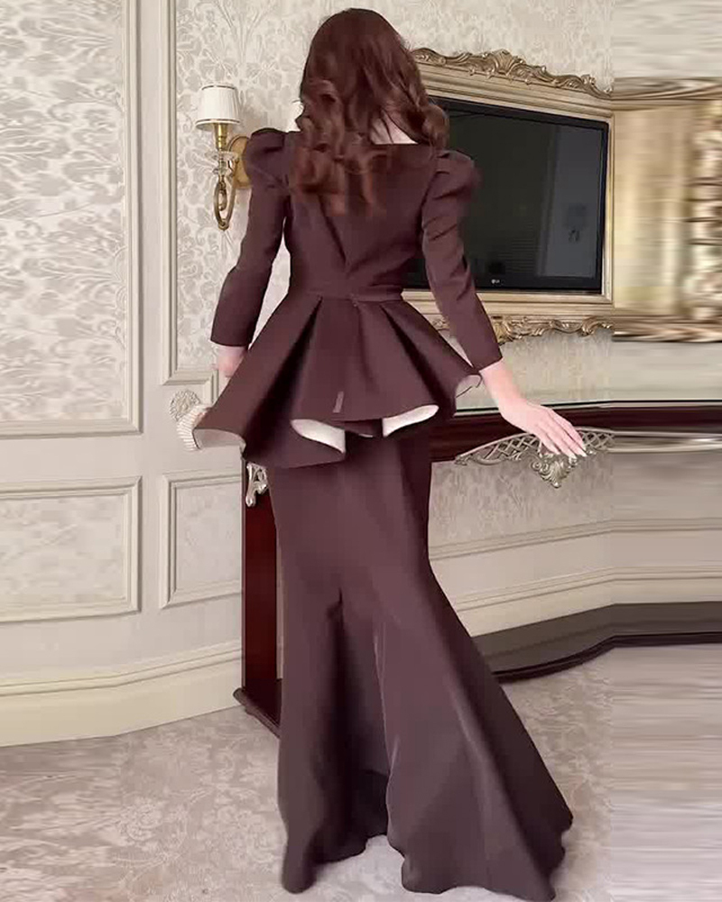 Elegant Two-Piece Set: V-Neck Top and Hip-Hugging Skirt in Deep Brown