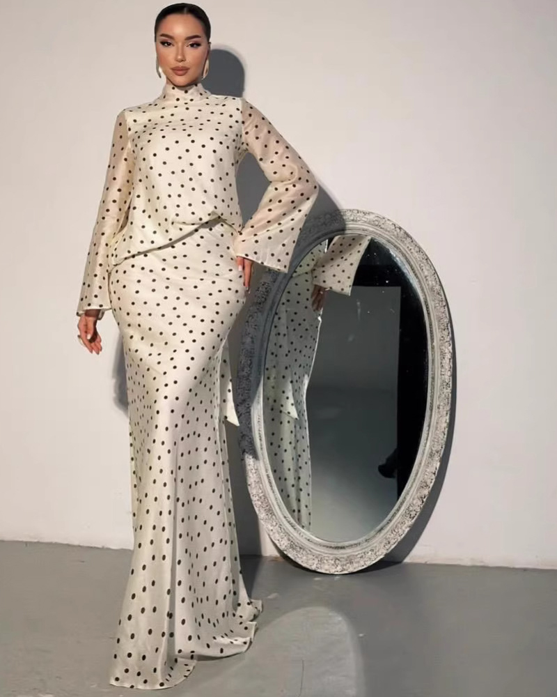 Two-Piece Set: Polka-Dot Long-Sleeve Top + Fishtail Skirt