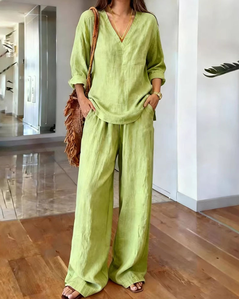 Casual V-Neck Pullover Long-Sleeve Top And Pants Set