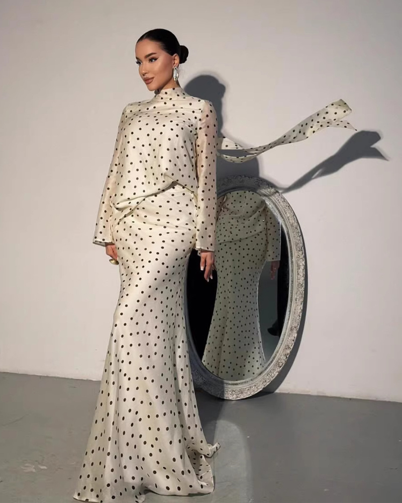 Two-Piece Set: Polka-Dot Long-Sleeve Top + Fishtail Skirt