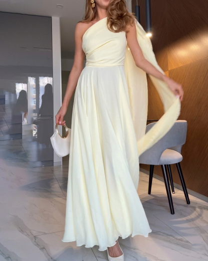 Solid-Color One-Shoulder Chiffon Shawl-Style Dress