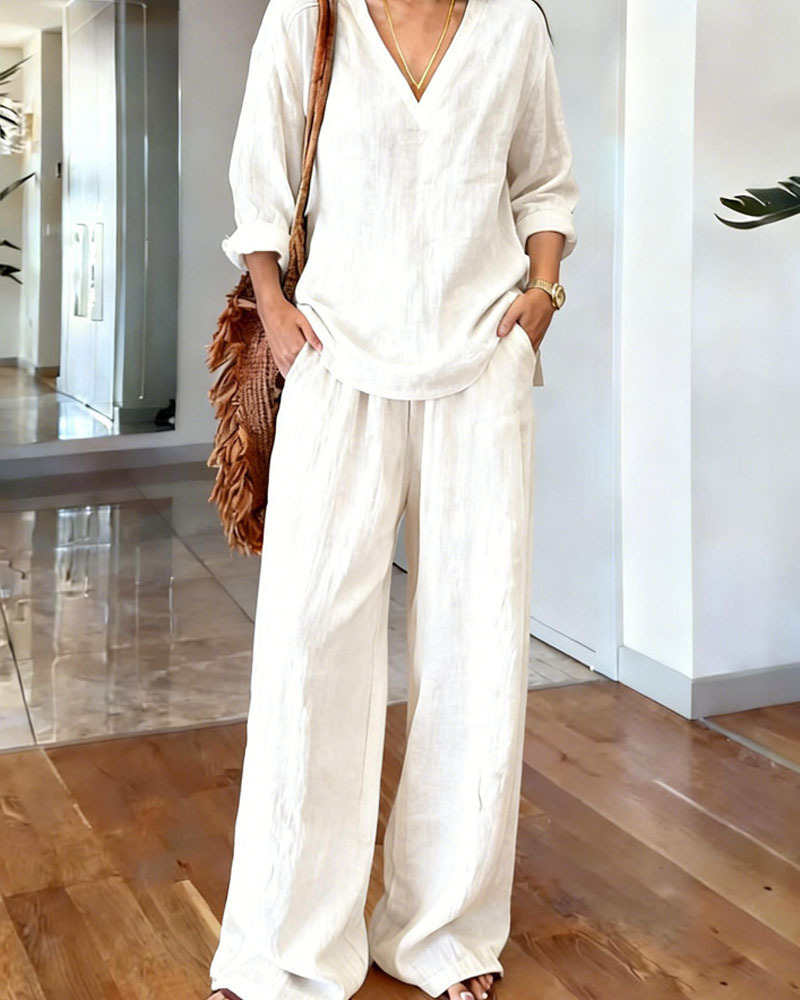 Casual V-Neck Pullover Long-Sleeve Top And Pants Set