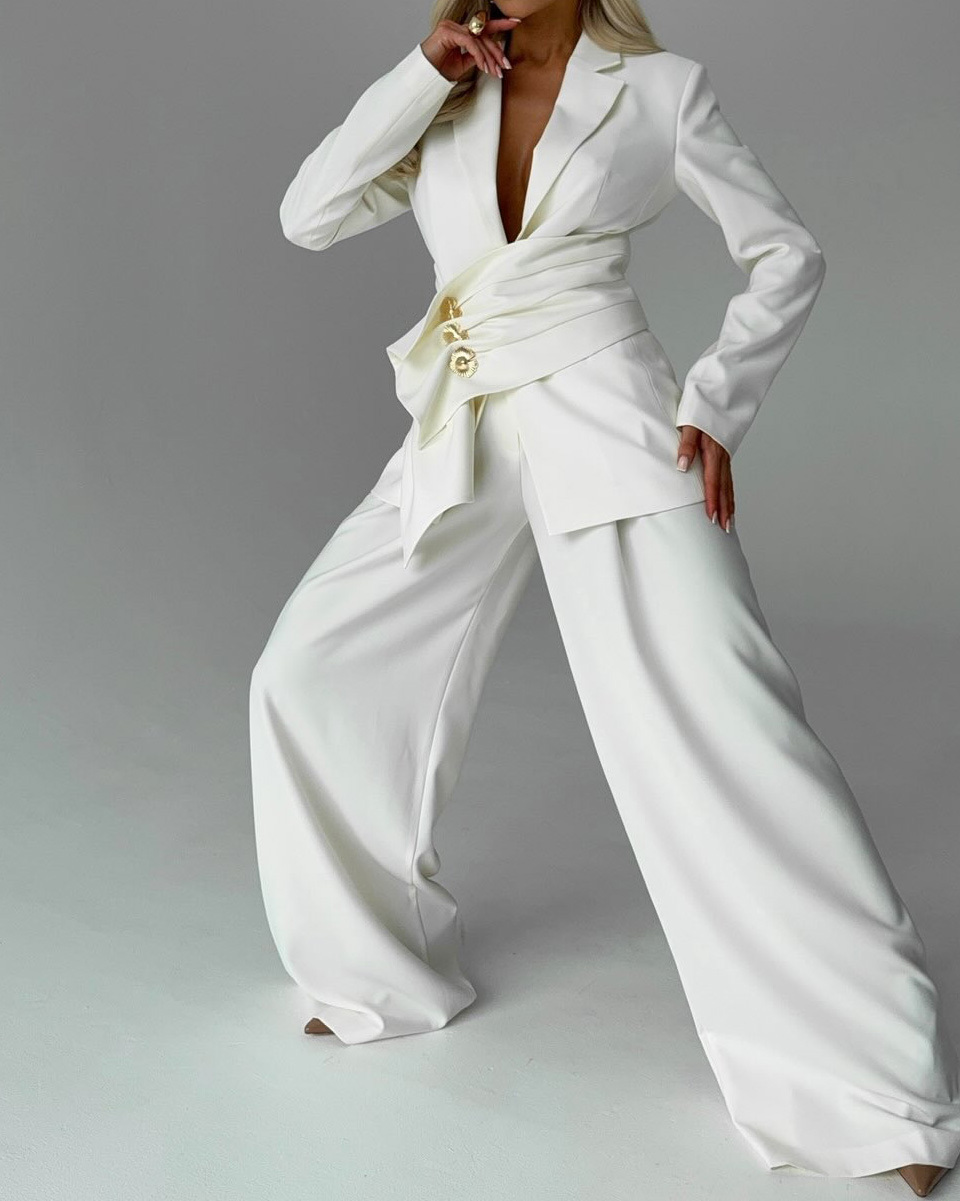 Elegant Long-Sleeved Solid Color Two-Piece Set with Lapel Collar