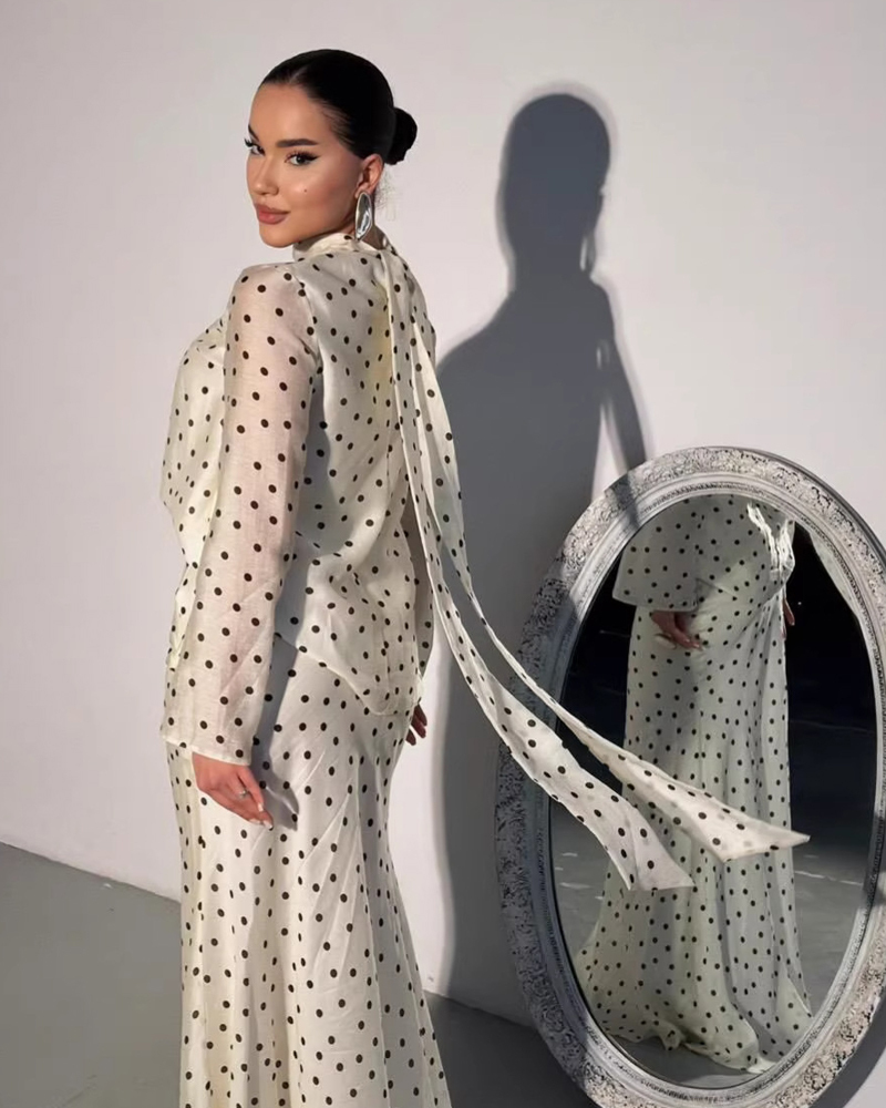 Two-Piece Set: Polka-Dot Long-Sleeve Top + Fishtail Skirt