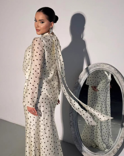 Two-Piece Set: Polka-Dot Long-Sleeve Top + Fishtail Skirt