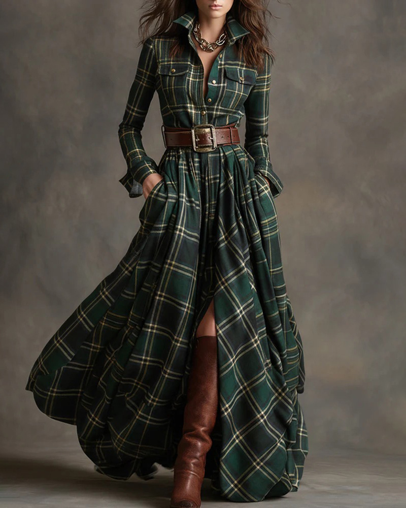 Collared, Long-Sleeve, Multicolor Plaid Print Dress