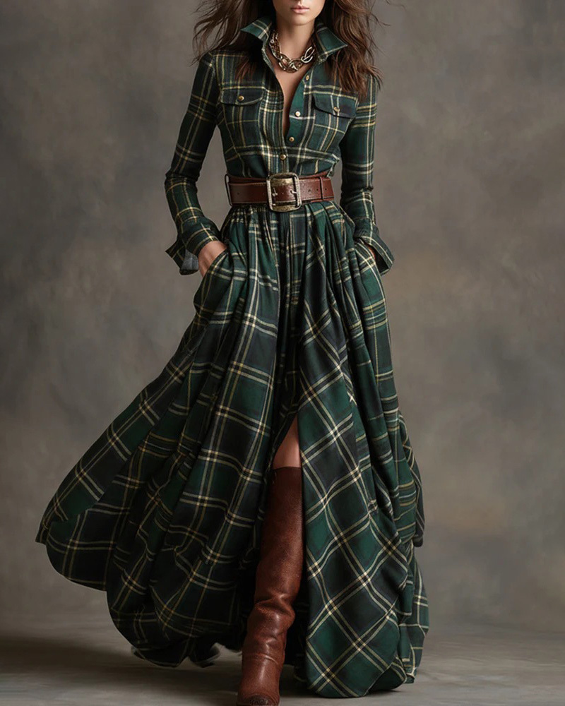 Collared, Long-Sleeve, Multicolor Plaid Print Dress