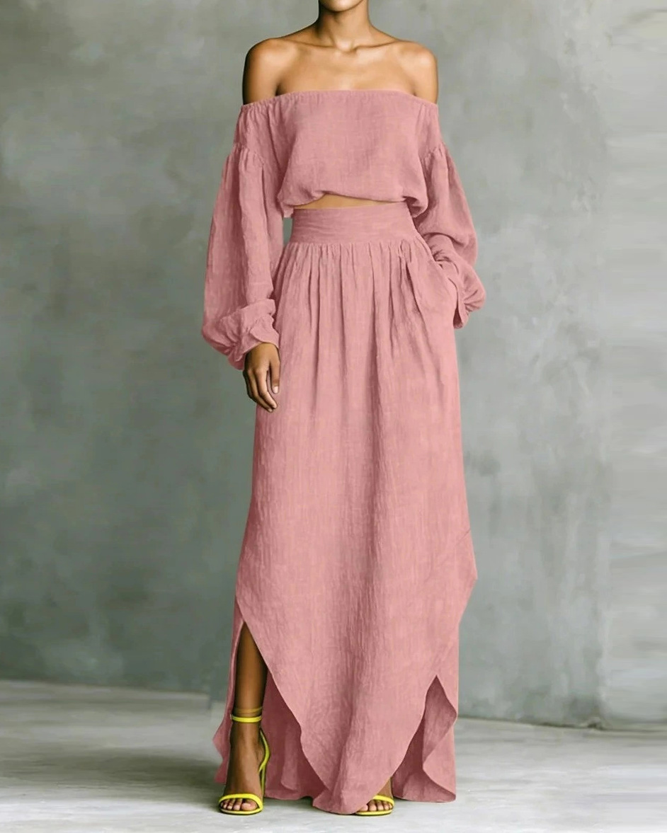 Off-shoulder casual solid color two-piece set