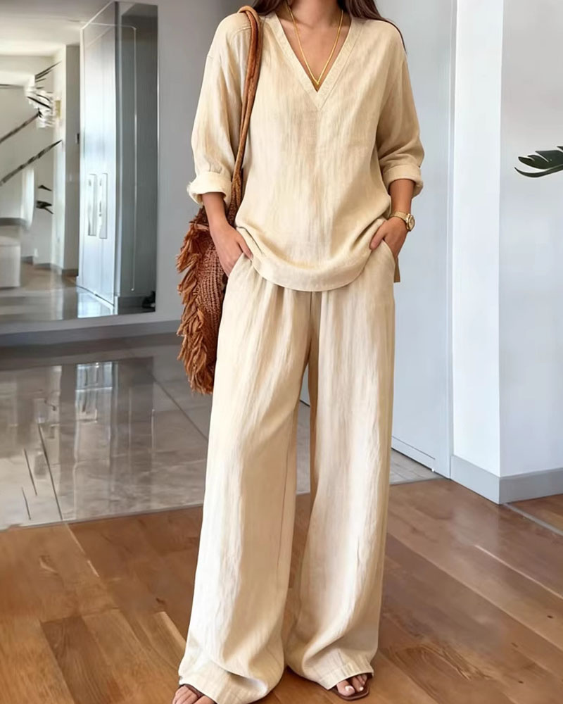 Casual V-Neck Pullover Long-Sleeve Top And Pants Set