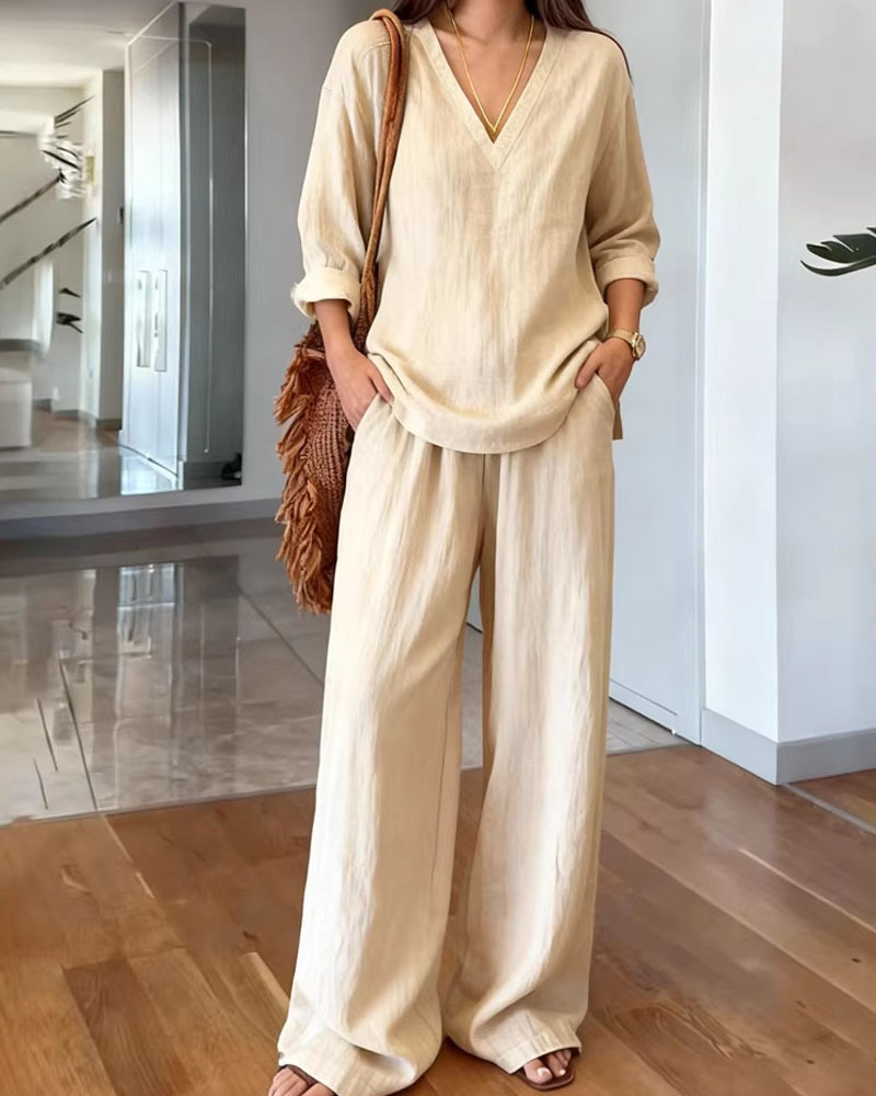 Casual V-Neck Pullover Long-Sleeve Top And Pants Set