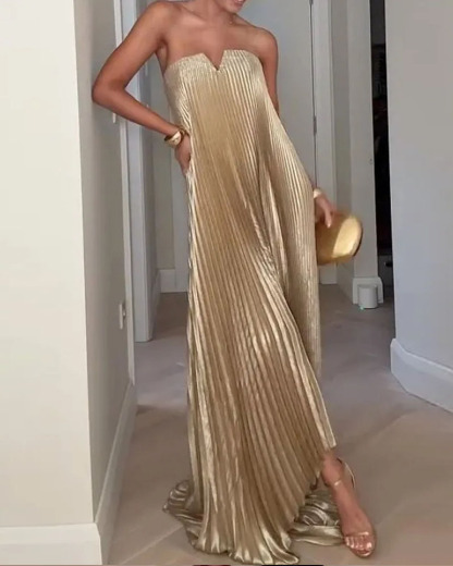 Elegant sleeveless pleated solid color loose dress