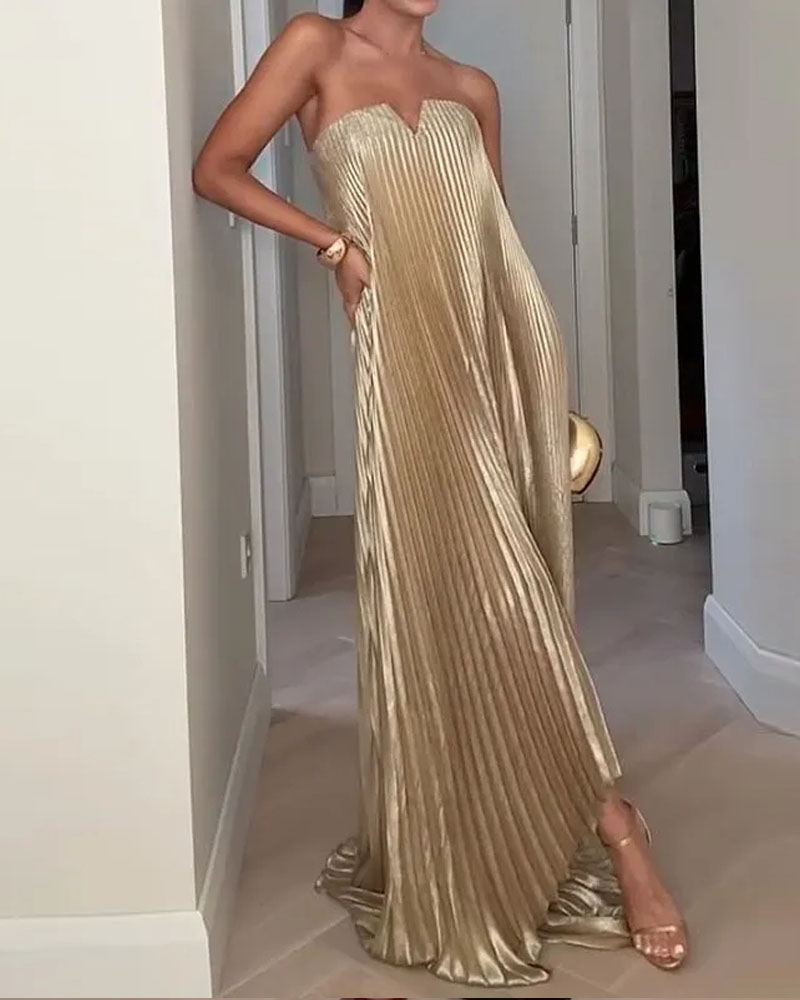 Elegant sleeveless pleated solid color loose dress