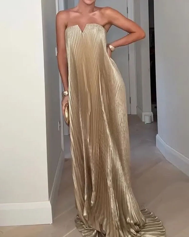 Elegant sleeveless pleated solid color loose dress