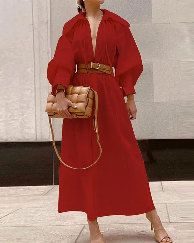 Collared long-sleeved loose-fitting waist-cinching dress