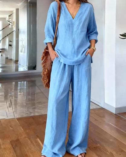 Casual V-Neck Pullover Long-Sleeve Top And Pants Set