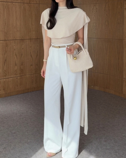 Shawl-Style Solid Color Casual Two-Piece Set