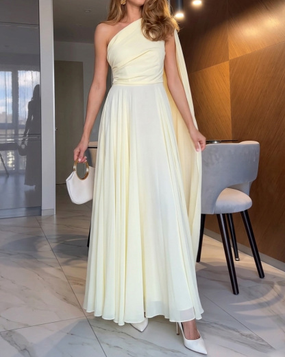 Solid-Color One-Shoulder Chiffon Shawl-Style Dress