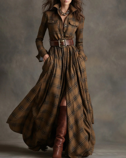 Collared, Long-Sleeve, Multicolor Plaid Print Dress