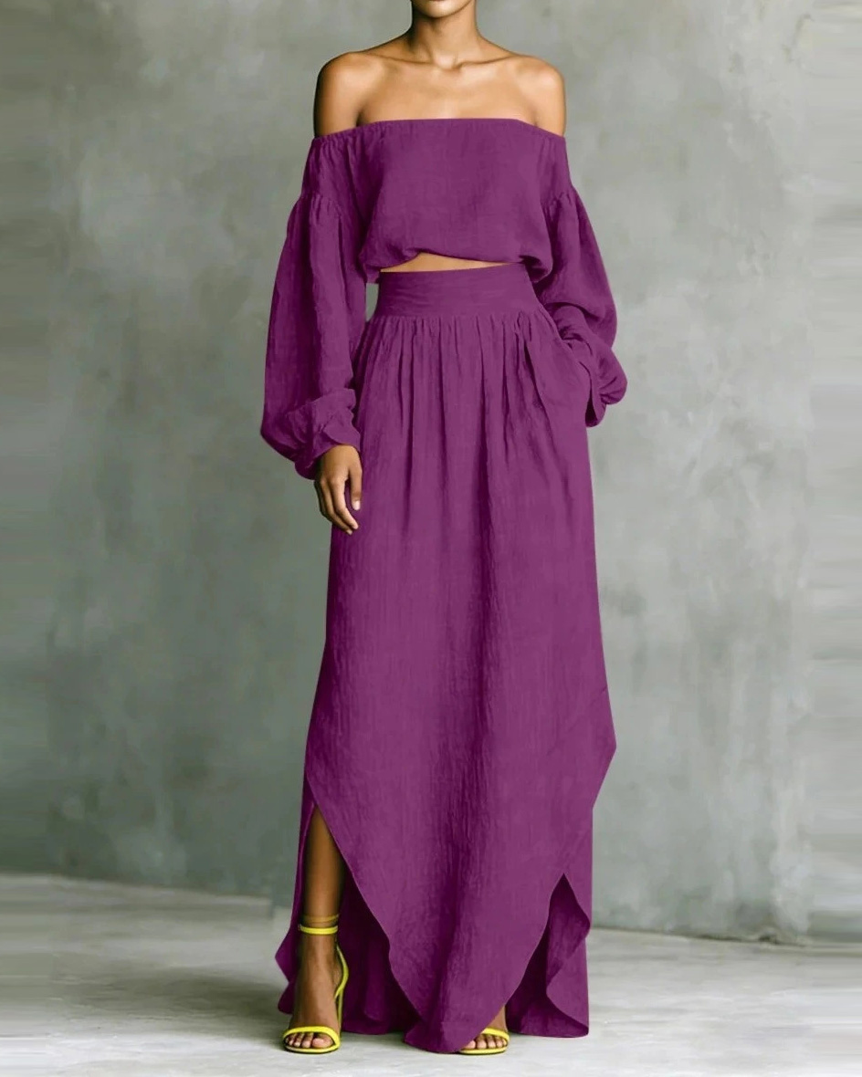 Off-shoulder casual solid color two-piece set