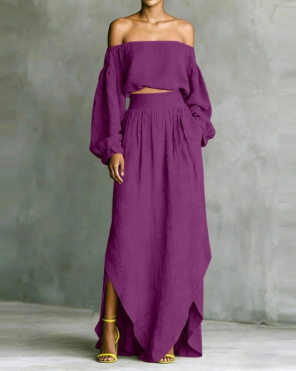 Off-shoulder casual solid color two-piece set