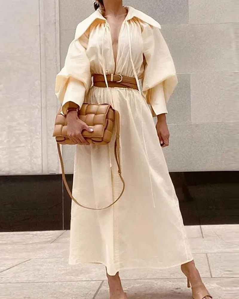 Collared long-sleeved loose-fitting waist-cinching dress