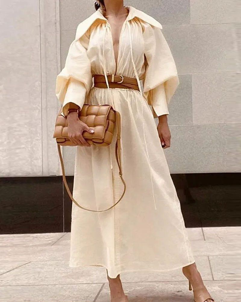 Collared long-sleeved loose-fitting waist-cinching dress