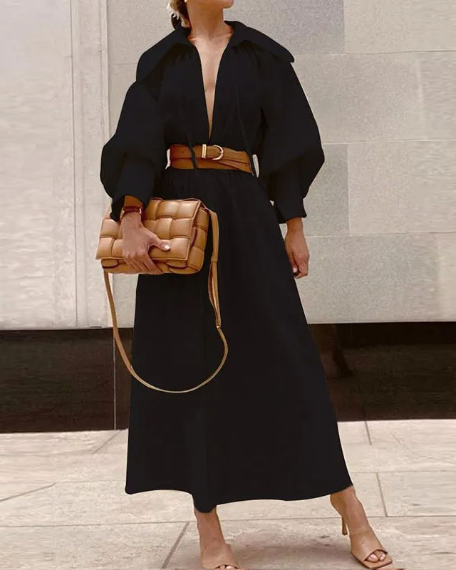 Collared long-sleeved loose-fitting waist-cinching dress