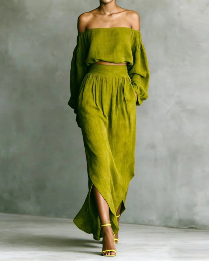 Off-shoulder casual solid color two-piece set