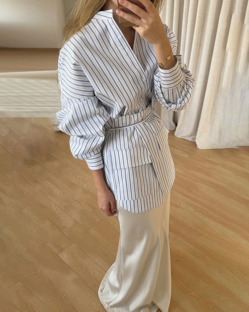 Striped Collared Shirt With Detachable Ruffled Tie