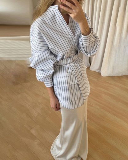 Striped Collared Shirt With Detachable Ruffled Tie