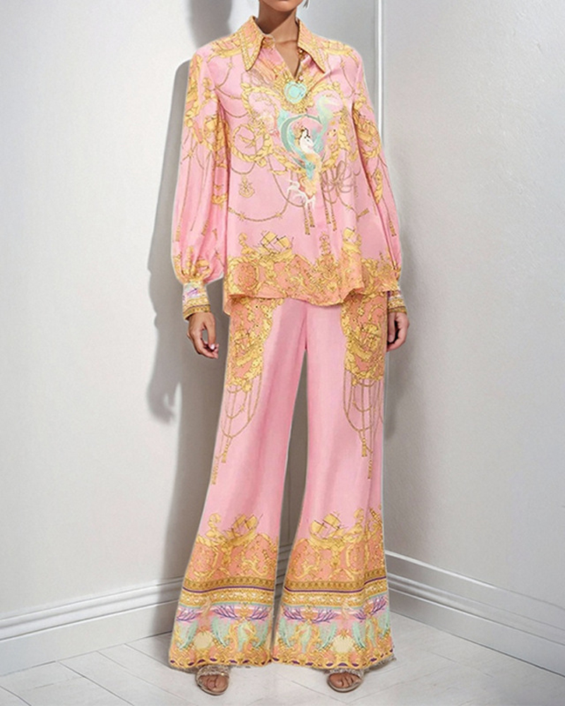 Pink Printed Shirt and Trousers Casual Fashion Set