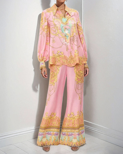 Pink Printed Shirt and Trousers Casual Fashion Set
