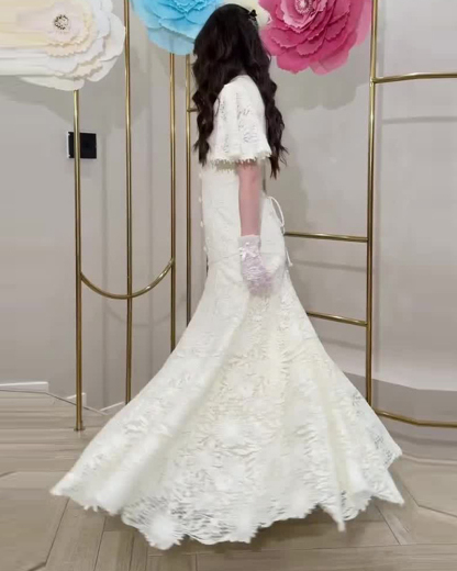 Elegant Pure White Two-Piece Set: Slim-Fit V-Neck with Lace Accents