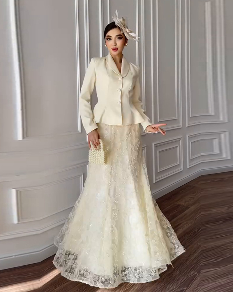 Elegant Long-Sleeve Slim-Fit Dress Set with Lace Trim